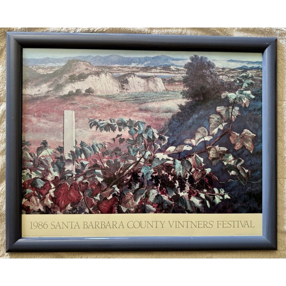 Vintage 1986 Santa Barbara County Vintners Festival Poster Art 80s Blue Frame